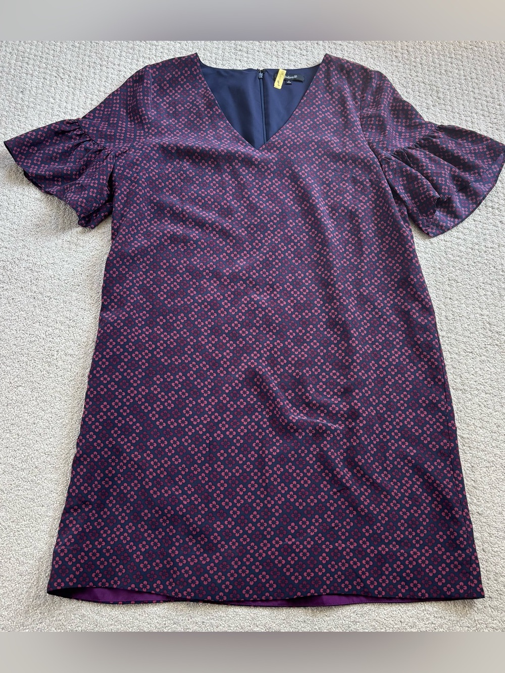 Madewell Purple Patterned silk V-Neck Ruffle Sleeve Mini Dress - Picture 3 of 6
